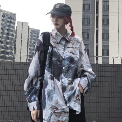 Blouse Women Shirt Ink Printing Womens Tie-Dyed Loose Polo Collar Long Sleeve Shirt In Spring 2021 Blusas Mujer De Moda