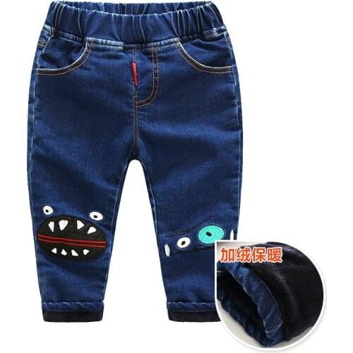Childrens Leisure Winter Plus Velvet Jeans Boys Plus Velvet Slacks Cartoon Pattern Boys Slim Warm Thicken Jeans