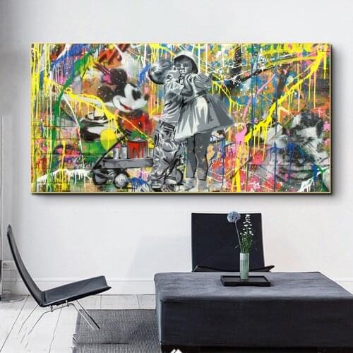 Disney Graffiti Art Mickey Mouse Boy Kissing Girl Canvas Paintings Wall Art Pictures Posters and Prints for Kids Bedroom Decor