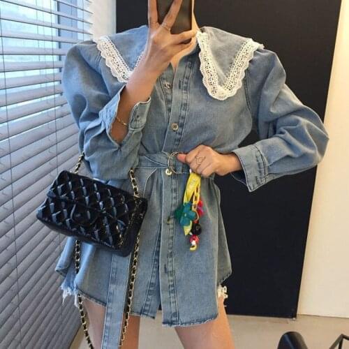 Doll Collar Long Sleeve Denim Dress Women High Waist Hip Sashes Slim Vestidos Spring Lace Hook Flower Female Jeans Dresses Robe