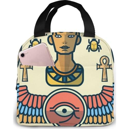 Egyptian Cartoon Elements Lunch Bag Portable Insulated Thermal Cooler Bento Lunch Box Tote Picnic Storage Bag Pouch