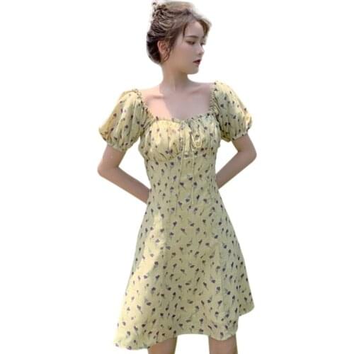 French Retro Dresses Summer Womens Vestidos Floral Square Collar Puff Short Sleeve Sexy Sweet Dress Mini Dresses Lady 2021
