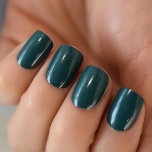 Glossy Dark Green False Nails Press On Fingernails UV Gel Cover with Jelly Glue Tabs Easy Wear for Daily