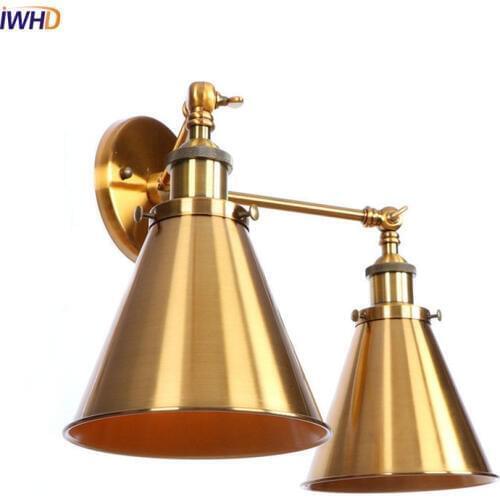 IWHD Golden Industrial LED Wall Lights Fixtures Bedroom Living Room 2 Heads Vintage Retro Wall Lights Sconce Home Lighting