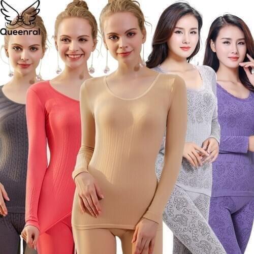 Queenral Long Johns For Women Thermal Underwear Warm Shirt Intimate Sets Female Seamless Underwears Long Sleeve Winter Clothing