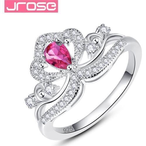 JROSE Princess Style Crown Shape Red Water Drop Rhinestone Crystal Engagement Rings Women Wedding Bride Party Bands Jewelry
