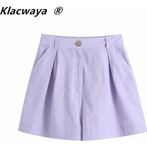 Klacwaya 2021 Summer Womens Chic Pleated Design Button Holiday Style Casual SShorts Ladies Retro High Waist Loose Shorts