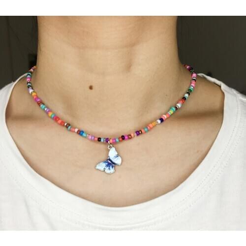 Colorful Beads Choker Necklace Women 2021 Fashion Butterfly Necklace For Women Girls Wholesale Jewelry Dropshipping