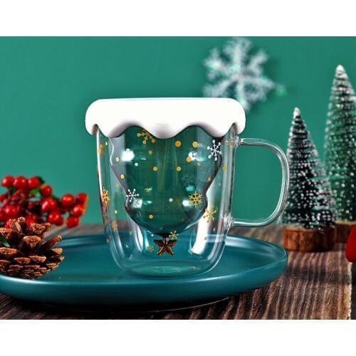 Creative Christmas Tree Snowflake Double-Layer Glass Star Wish Coffee Mug Water Cup High Temperature Snow Cup Xmas Gift 300ml