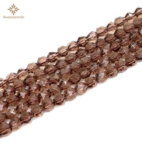 MM 6 8 Natural Diamonds Faceted Smoky Quartzs Stone Round Star Cut Polygon Beads DIY Necklace For Jewelry Making Gift 15" Strand