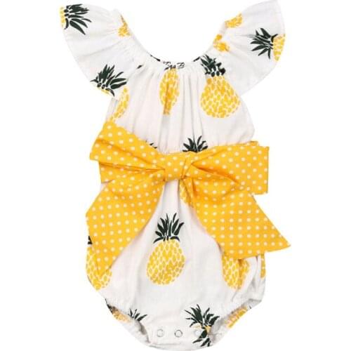 Newborn Infant Baby Girl Pineapple Bodysuit Summer Clothes Yellow Big Bow Dots Print Outfit Sunsuit