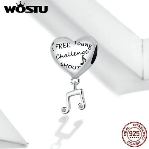 WOSTU 925 Sterling Silver Heart and Musical Notes Metal Charm for Original Silver Bracelet Fine Jewelry Make DIY Bangle BKC1631
