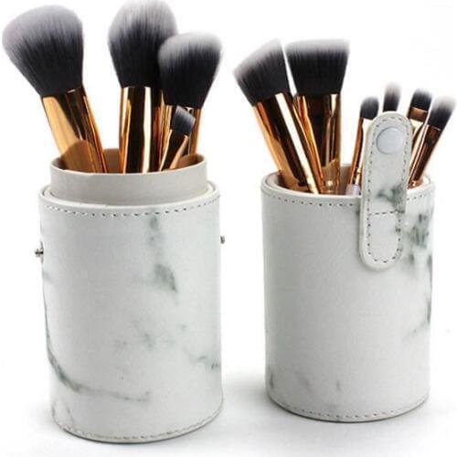Marble color handle soft synthetic flat blush loose powder eyebrow 10pcs makeup brush set with barrel