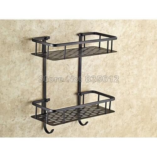 Black Oil Antique Brass Bathroom Shelves 2-Tier Bathroom Storage Basket Wall Mount Bathroom Shelf Wba530