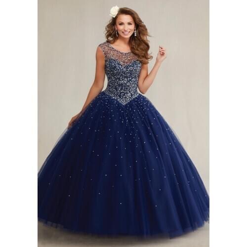 Navy Blue Cheap Quinceanera Dresses Ball Gown Scoop Tulle Beaded Backless Puffy Sweet 16 Dresses