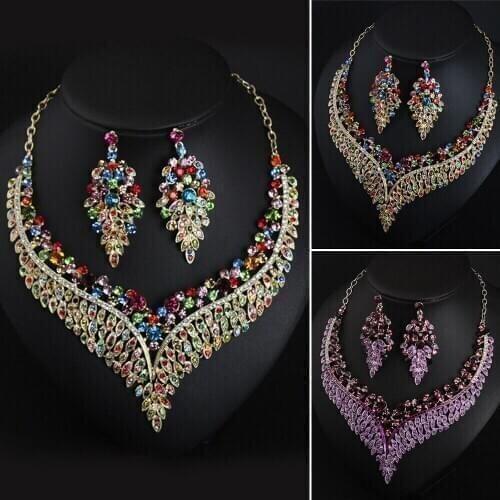Fashion Women Statement Jewelry Sets Wedding Necklace Earrings Rhinestone Choker Crystal Bib Collar Party Gifts Accessories
