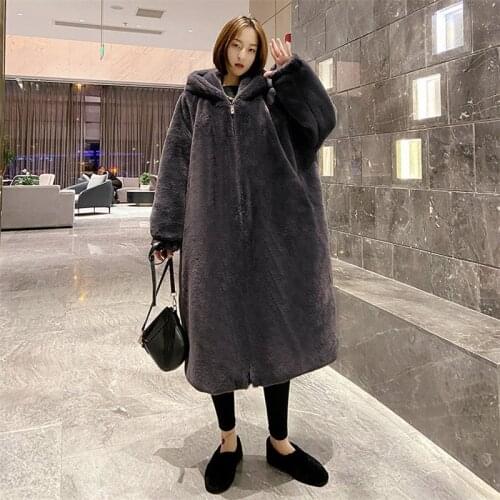 Lamb Wool Coat Casual Faux Fur Coat Women Fashion Winter Solid Plus Size Loose Sheep Shearing Long Coat Thick Warm Hooded