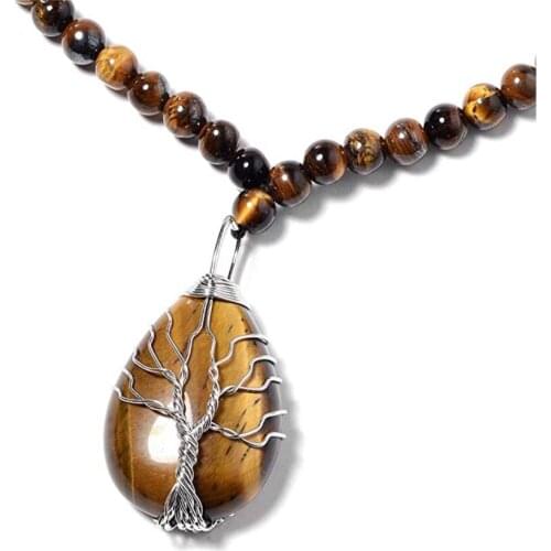 Silver Plated Wire Wrap Water Drop Natural Tiger Eye Stone Pendant Long Beads Chain Necklace Fashion Jewelry
