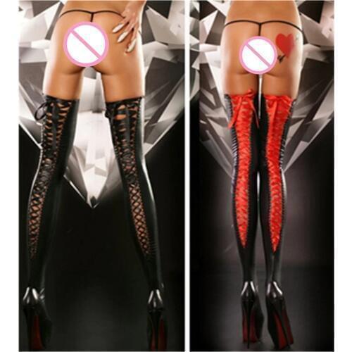 Romantic Sexy 2016 New Ladies Faux Leather Stockings Ribbon Sexy Women Sexy High Party Clubwear Matching costume free shipping