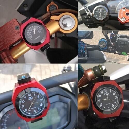 Aluminum Alloy Motorcycle Luminous Handlebar Mount Clock Watch+Thermometer 6XDB