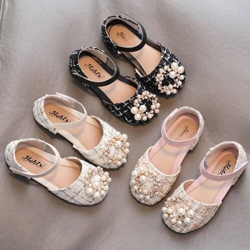 2021 Spring Summer Girls Shoes Pearls Princess Shoes Costume Tweed Ankle Strap Sandals Plaid Bead Kids Shoes Baby Child Toddlers