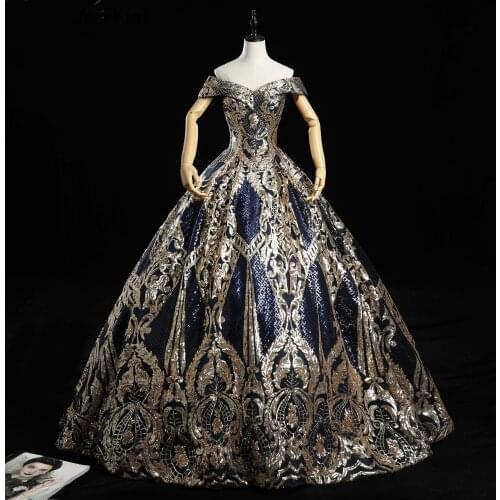 JaneVini High-end Navy Blue Sequined Luxury Muslim Evening Dress Off Shoulder Sexy Lace Up Arabic Formal Dresses for Women 2020