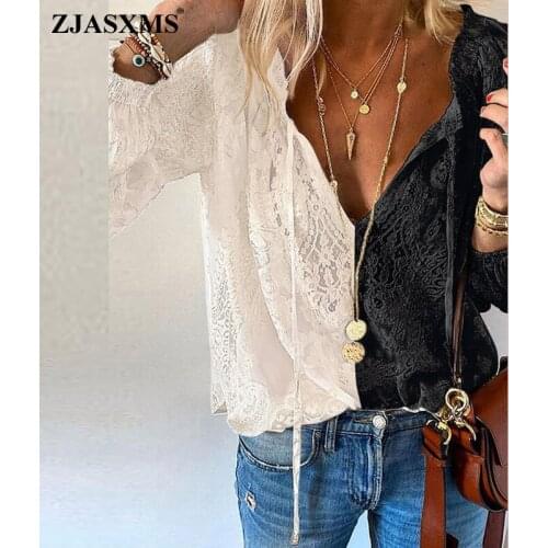 Boho Women V-neck Lace Oversize T-shirt 2021 Summer Embroidery Hollow Out Top Pullover Spring Long Sleeve Loose Tee Shirts Mujer