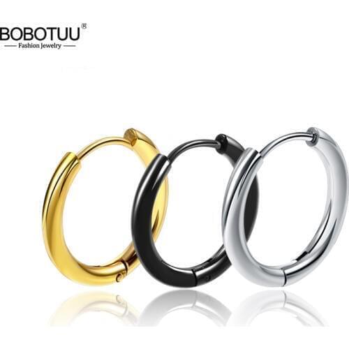 BOBOTUU Popular Hoop Earrings For Women Men 2.5mm Wide Round Earrings Titanium 3 Colors Circle Earrings Jewelry Brincos BE18111
