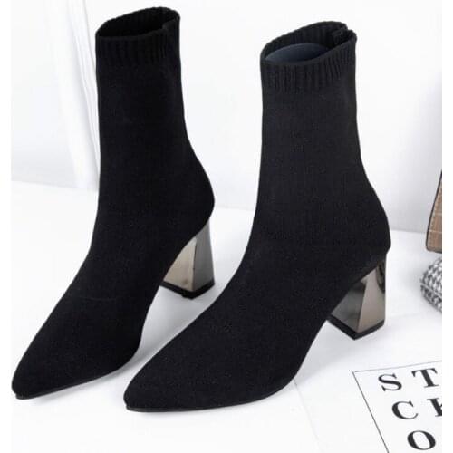 Okkdey Autumn New Pointed Womens Boots Thin High Heel Boots Fashion All-match Breathable Flying Woven Womens Boots Socks Boots