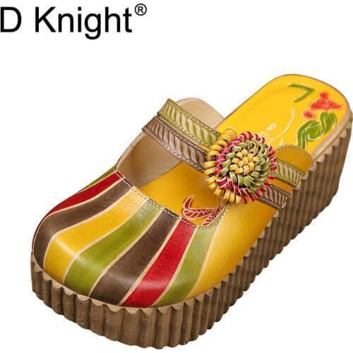 Flower Ladies Slippers Genuine Leather Shoes Handmade Slides Flip Flop On The Platform Clogs For Women Summer Wedge Heel Sandals
