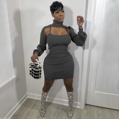 2021 Best Quality Fashion Design 2 pcs Women Set Solid Turtleneck Short Tops And Spaghetti Strap Midi Dress Autumn Sexy Outfits