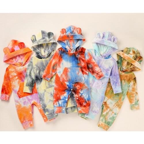 0-12M) Baby Romper Long Sleeve Gold Velvet Explosion Style Tie Dye Element 3D Animal Ear Hooded Romper детские вещи 50