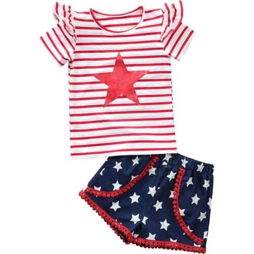 Baby Girls Independence Day 2Pcs Outfits Striped Fur Ball Decoration Short Sleeve T-shirt+Five-pointed Star Shorts 1-5Years
