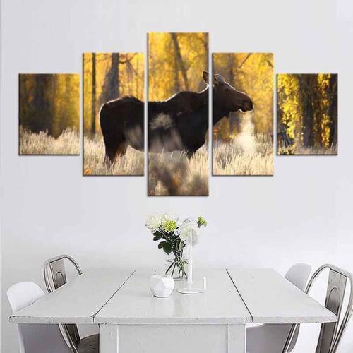 5 Pcs/Set Sunshine Elk Canvas Print Painting Modern Brown Animal Wall Art Golden Forest Landscape Picture for Living Room Decor