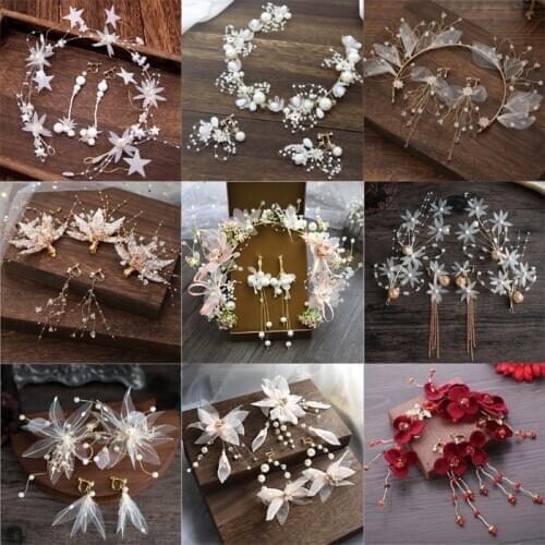 Flower Rhinestone Hair Pins Headpiece Tiaras Faux Pearls Bridal Headband with earrings Hair Jewelry Wedding Dress Accessories