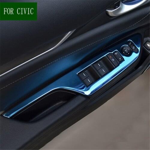 Car Interior Stainless Door Armrest Window Lift Button Panel Cover Trim Decal For 2016 17 Honda Civic 10th Car Styling 4pcs/set