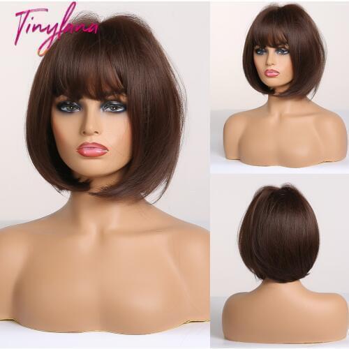 TINY LANA Straight Dark Brown Synthetic Wigs with Bangs for Women Short Bob Wig Heat Resistant Bobo Hairstyle for Cosplay