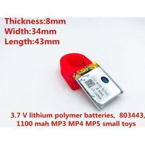 Li-po Liter energy battery 3.7 V lithium polymer batteries, 803443, 1100 mah MP3 MP4 MP5 small toys