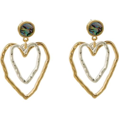 Layered Two Tone Metal Open Love Heart Drop Earrings for Women 2021 New Earrings Mini Round Abalone Disc Embellished Statement