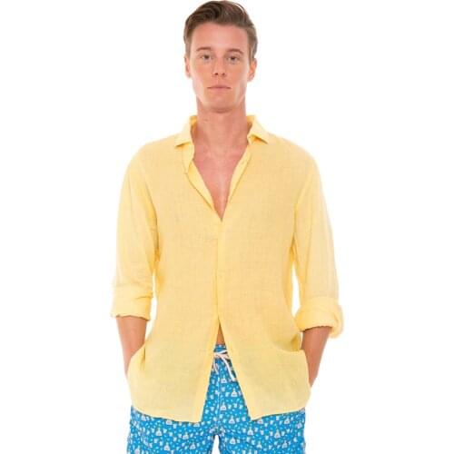 Men 100 Linen Modern Fit Yellow Shirt