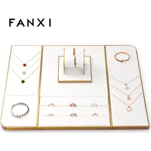 Oirlv White Leather Metal Base Jewelry Display Stand Ring/Watch/Bracelet/Bangle/Necklace Holder Showcase Jewelry Organizer Tray
