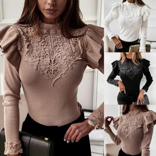 Hot kf-Women Long Sleeve Shirts Tops Sexy Lace Embroidery Autumn Winter Ladies Basic Solid Casual Knitted T Shirt