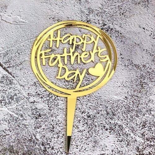 "Happy Fathers Day " Acrylic Cake Topper Circle Heart Gold Black Acrylic Cake Flags Fathers Birthday Party Cake Decorations