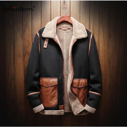 Schinteon 2018 New M-5XL Men Leather Warm Winter Jacket Suede Leather Patchwork Outwear Turn-down Collar Pocket