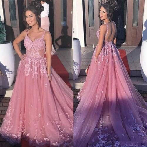 Sexy V Neck Backless Lace Prom Dress Fashion A-Line Tulle Appliques Court Train Vestido De Noiva Elegant Evening Gowns