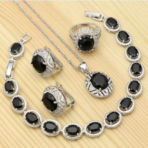 925 Silver Jewelry Sets for Women Black Stones White Cubic Zirconia Ring Pendant Bracelet Necklace Earrings