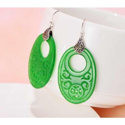 New Natural Green Jadeite Oval S925 Sterling Silver Dangle Earrings