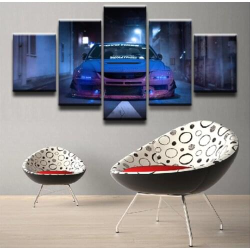 Blue Car Lancer Evolution Vehi 5 Panel Canvas Picture Print Wall Art Canvas Painting Wall Decor for Living Room Poster No Framed