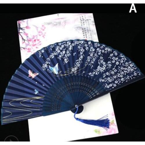 1Pc Vintage Silk Folding Fan Retro Chinese Japanese Bamboo Folding Fan Tassel Dance Hand Fan Home Decoration Ornament Craft Gift