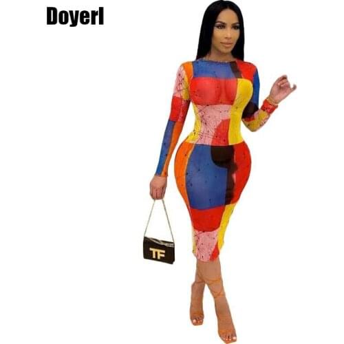 Sexy Printed Bodycon Dress Women Long Sleeve Elastic Slim Skinny Mesh Club Outfits for Women 2021 Elegant Midi Night Party Dress